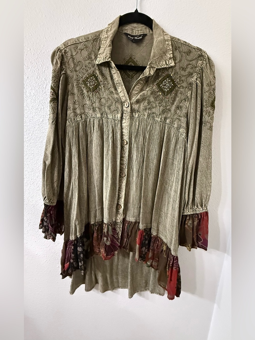 Young Threads Embroidered Boho Button-Front Tunic